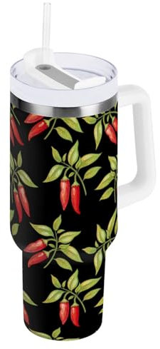 Chili Tree Isolierte Edelstahl-Wasserflasche mit Griff und Strohhalm-Deckel, doppelwandiger Reisebecher, 1,2 l