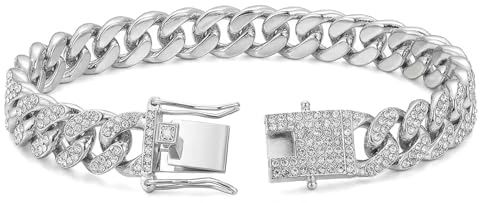 Pimaodog Hundehalsband mit Glitzer-Strasssteinen und glitzernden Diamanten, Metallhalskette, kubanische Glieder-Katzenhalsbänder für kleine, mittelgroße und große Haustiere, Hunde, Welpen, Silber, 61