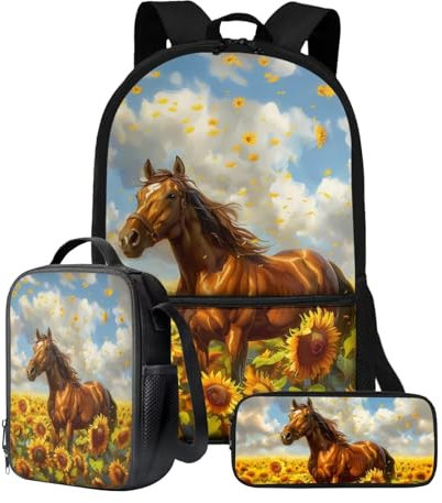 Wpamlrta Schulrucksack-Set mit Pferde-Motiv und Sonnenblumen-Druck, 43,2 cm, 3-teiliges Set für Jungen und Mädchen, mit Lunchtasche und Federmäppchen, große Schultasche für Teenager, Studenten,