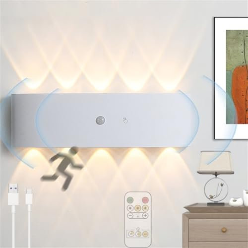TZSMUM Wall Lights with Motion Sensor Rechargeable USB Dimmable Wall Sconce with Remote Control LED Wall Lamp Cordless Night Light for Living Room Bedroom Corridor Stair (10 Lights)