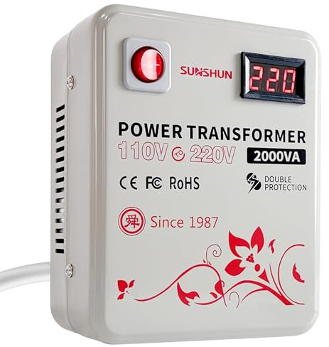 SUNSHUN 110v to 220v Converter, 2000W Step Up Transformer 110v to 220v with Voltage Display for 220/240 Volt European Asian Appliances Used in US