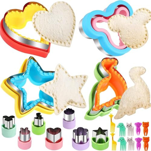 21 Pcs Sandwich Cutter and Sealer Set, Decruster Sandwich Maker and 10 Pcs Cartoon Fruit Pick, DIY Cookie Cutters Bread Press Mold, Pancake Maker for Children Kids Boys Girls Bento Breakfast