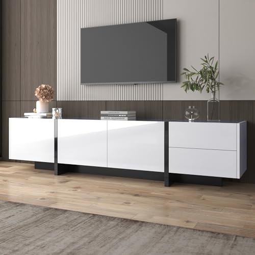 MURUL TV-Schrank, lowboard Panel mit farbblockierten Beinen in Hochglanz-Weiß und Schwarz, Einfaches Liniendesign, mit Türen und Schubladen, Türen mit Regalen