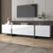 MURUL Mueble de TV con patas bloqueadas de color blanco brillante y negro, diseño de líneas simples, con puertas y cajones, puertas con estantes