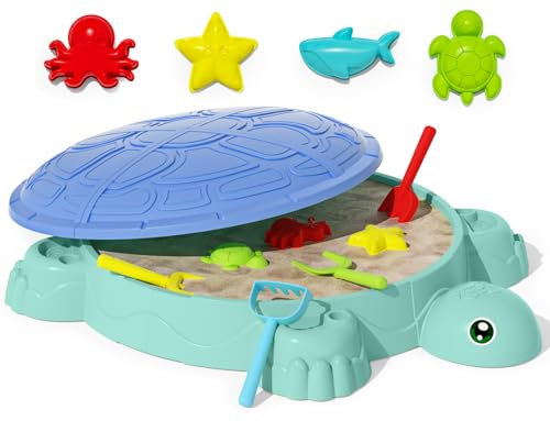 maysida Turtles Sandpit mit 8 PCS Sandspielzeug Set, Sensory Sandkasten mit Abdeckung–Sommer Outdoor Beach Toys, Portable Sand Box Toys für Sand, Wasser und Aufbewahrung für Kinder ab 12 Monaten(Blau)