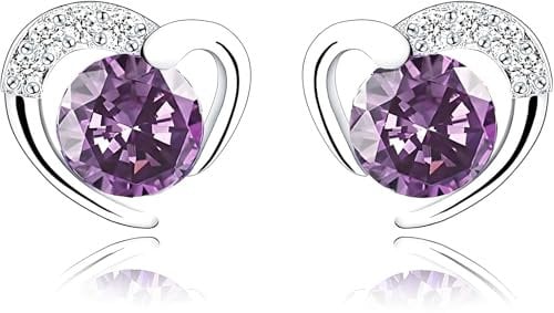 Heart Earrings for Women Girls 925 Silver Studs with Cubic Zirconia (Purple)