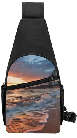 QMNKLET Sling Rucksack, Umhängetasche, Strand, Maui, Hawaii, Sonnenuntergang, Meer, Wellen, Wolken, Brusttasche, Tagesrucksack, Bauchtasche, Umhängetasche für Outdoor, Wandern, Schwarz, Einheitsgröße