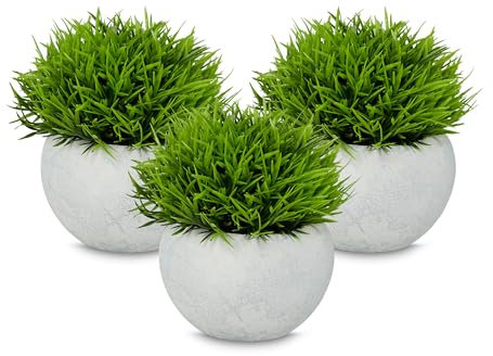 Relaxdays Kunstpflanzen, 3er Set, künstliche Pflanzen im Topf, Kunststoff, Stein, Tischdeko, Gras Dekopflanze, grün/grau