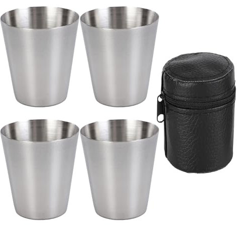 HFMYGS 4 Stück Schnapsbecher Edelstahl, Tragbar Metallbecher mit Leder-Tasche, Klein Edelstahl Becher, Stapelbare Trinkbecher Edelstahlbecher für Camping, Wandern, Picknick