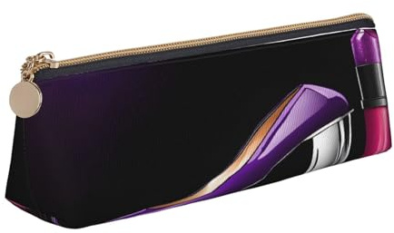 JAYWIS Federmäppchen aus Leder mit elegantem violettem High Heels mit Lippenstift, dreieckig, gekreuzte Körnung, Organizer für Schule, Büro und Reisen, Premium-Reißverschluss-Design, weiß