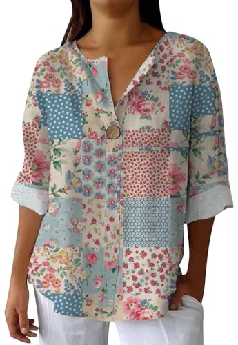 Hrjxfpt Ladies Italian Linen Tops Polo Pleated Summer Top Clearance Ladies' Fashion Printed Single Button Long Sleeve Top (01-C-Blue, L)