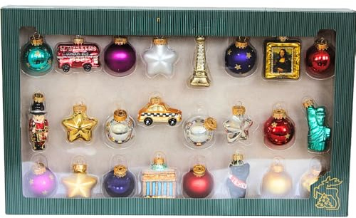 Dekohelden24 Lauschaer Christbaumschmuck - 24er Set Christbaumkugeln Lauscha, Glaskugeln, Glasornamente Weltreise - Baumschmuck zum Adventskalender befüllen, aus Lauscha, Größe: 3 cm je Ornament.