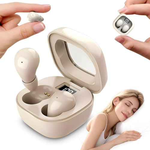 Mini auricolari invisibili senza fili per lavoro, vestibilità sicura, con display a LED, suono stereo, a basso profilo, batteria 24 ore, con cavo USB (beige)