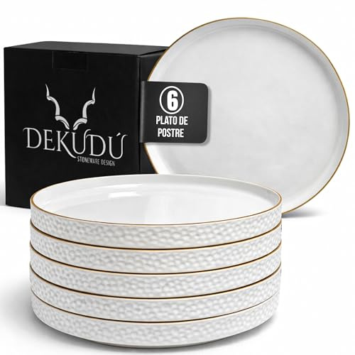 DEKUDÙ Platos Vajilla Platos Postre llanos Desayuno - Ceramica de Gres de Calidad - Fabricados a Mano - 6 Piezas de 20 cm - Gran Dureza Aptos Lavavajillas Microondas - Color Blanco
