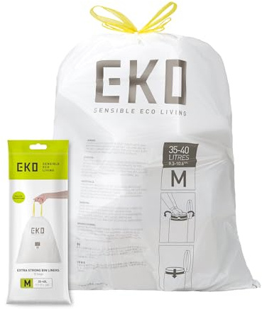 EKO Bin Bags, Kitchen Bin Liners, Drawstring, 35-40 Litre, 12 Count, Code M | Kitchen Bin Liners for Large Recycling Bins, Leakproof and Tear-Resistant for Waste & Recycling, Unscented Food Waste Bags