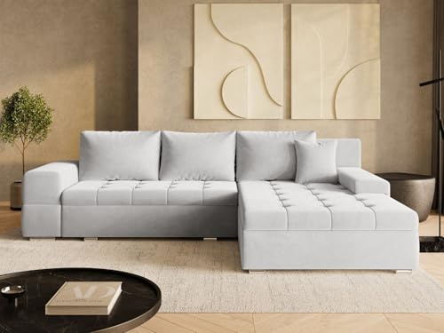 GRAINGOLD Sonia Ecksofa mit Schlaffunktion und Bettfunktion, 310x210 cm, L-Form Sofa, Schlafcouch für Wohnzimmer, Veloursstoff, 4-Sitzer Eckcouch, Ecksofa mit Stauraum (Grau)
