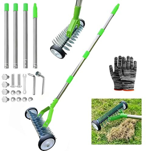 Escarificador Manual con Ruedas, Escarificador con Mango de 165 cm, Aireador de Césped con Ruedas, Rastrillo de Corte de Metal para Jardín, Desmontable, Rastrillo de Escarificación Ajustable