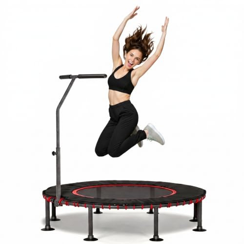 LIFERUN Trampolin Indoor Erwachsene Ø122cm, Fitness Trampoline Klein, Jump Rebounder Workout, Tragfähigkeit 150kg, Stabil Leise Gummiseilfederung, 3-stufig höhenverstellbarer Griff, Zuhause, Rot