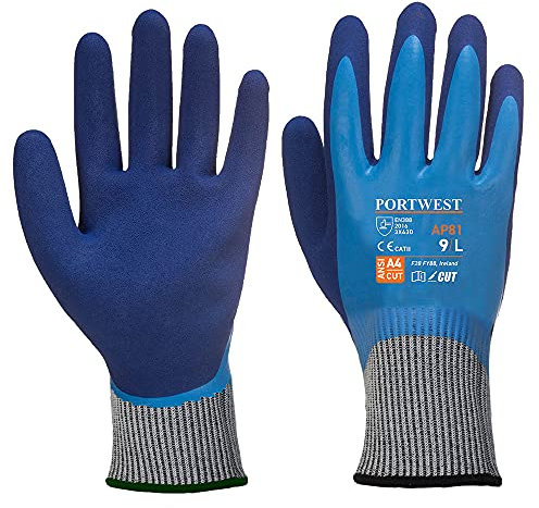 Portwest Guante Anti-Corte Liquid Pro Hr, Tamaño: L, Color: Azul, AP81B4RL