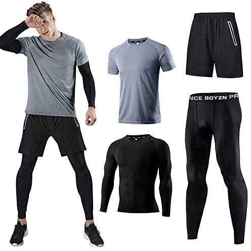 Kompressionsanzug Herrenanzug Trainingsanzug 4-teiliges Herren atmungsaktives Sportswear Laufanzug Kurzarmhemd Kompressionshemden Halbhose Strumpfhose Grau-M