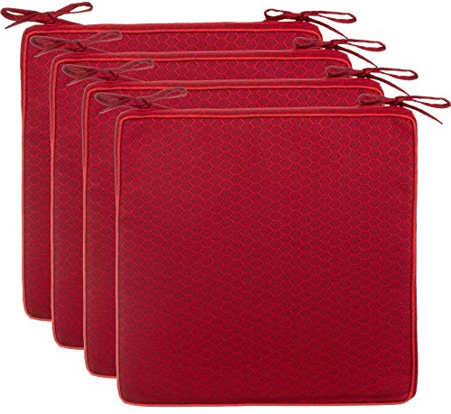 Brandsseller 4er Set Sitzkissen 40x40x4 cm – Wasser- & schmutzabweisende Stuhlkissen mit Bindebändern in Wabenstruktur – Für Innen & Außen – Garten, Terrasse, Küche – Rot