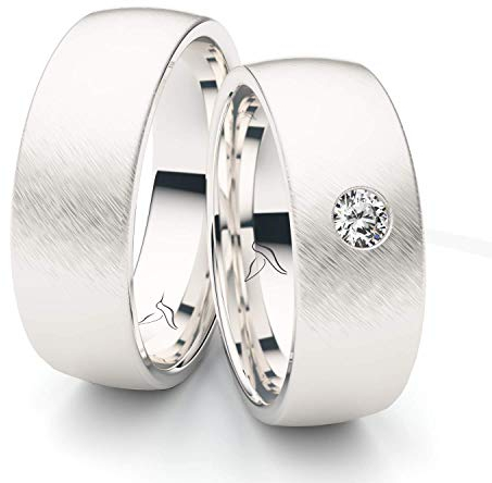 Massive Silber Eheringe 7 mm Rhodiniert mit großem Zirkonia 3 mm Stein Trauringe Partnerringe Freundschaftsringe 100% Made in Germany - Inkl. Gratis Gravur und Etui (Schrägmattiert)