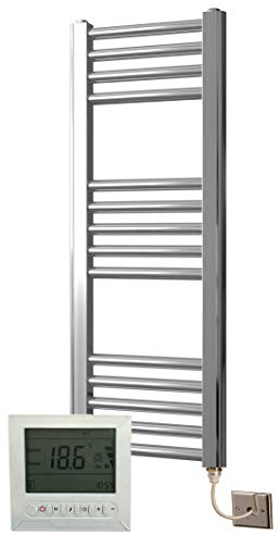 Greened House Electric Chrome 300W x 800H Flat Towel Rail + Timer and Room Thermostat Bathroom Towel Rails