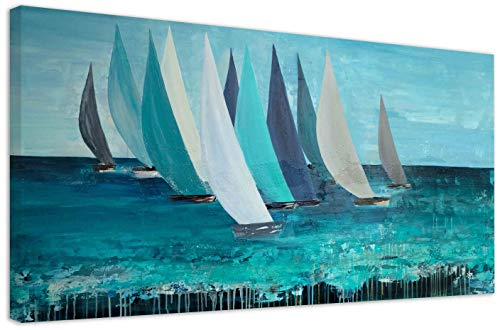 Kunstbruder Bilder auf Leinwand Segelboot Türkis, fertig zum Aufhängen, Leinwanddruck Sailboat- Kunstdruck Moderne Wandbilder, Kunst von Kölner Künstlerin (div.Formaten) (70x140 cm)