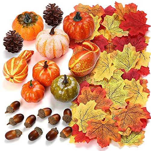 Kesote Herbst Deko Set, 120 PCS Kürbis Künstlich Ahornblatt Thanksgiving Tischdeko Erntedankfest Halloween Dekoration Tannenzapfen Eicheln