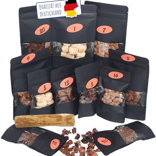 MERVELA Adventskalender für Hunde 2025 | 24 Beutel Kauvergnügen | Hundeliebhaber Hundebesitzer beschenken | 100% natürlich (für kleine & mittlere Hunde) über 500 Gramm