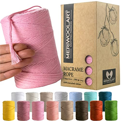 MeriWoolArt Corda Macramè Rosa 3mm 200m - Fil di Cotone Colorato - Spago Macrame di Corda Singola - Filato Morbido Macramè Cotone Riciclato Oeko-Tex - Macramè Arredamento per Casa Boho