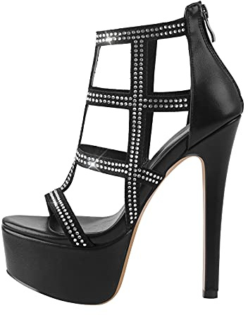 MissHeel De mujer Plataforma Sandalias Cut out Tacón Stiletto Sandalias, Negro , 39 EU