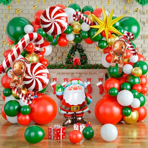 Weihnachten Luftballon Girlande, 113 Stück Weihnachten Rot Weiß Grün Ballons Girlande mit Zuckerstangen Explodieren Stern Lebkuchenmann Folienballons für Geburtstag Neujahr Winterferien Dekoration