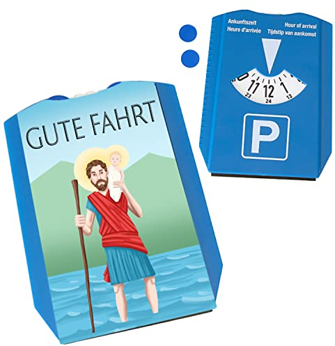 Heiliger Christophorus - Gute Fahrt bunt Parkscheibe mit 2 Einkaufswagenchips Parkuhr mit Schutzpatron als Geschenk für Fahranfänger damit Man Immer sicher Fahren kann und keinen