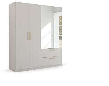 Rauch Möbel Skandi by Quadra Spin Schrank Drehtürenschrank, Grau, 4-TRG. mit Spiegel, inkl. 2 Kleiderstangen, 2 Einlegeböden, 2 Schubkästen, BxHxT 181x210x54 cm