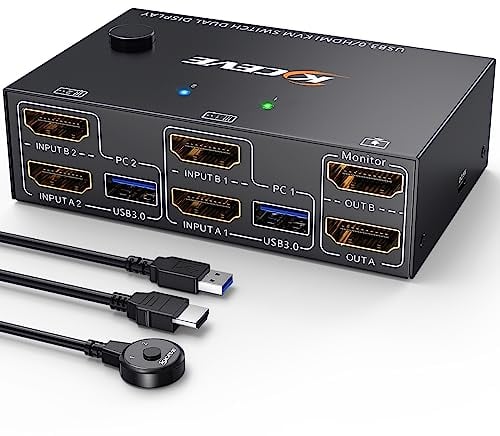 USB3.0 KVM Switch 2 PC 2 Monitore 4K@60Hz 2K@144Hz EDID Simulation,ESKEVE Dual Monitor HDMI2.0 KVM Switch für 2 PC Teilen 2 Monitors und 4 USB3.0-Geräte,mit Kabelfernbedienung und 2 USB-Kabel