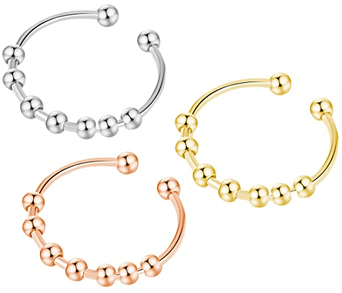 LEEQ Verstellbare Sterling Silber Bead Ringe für Angst Für Damen Männer Fidget Ringe zur Linderung von Angstzuständen mit Perlen Spinner Ring(3 Stück)