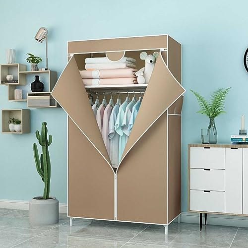 FJAUOQ Stoff Kleiderschrank Mobiler Faltschrank mit Kleiderstange Campingschrank Faltkleiderschrank Stoffschrank Garderoben Schrank Mit Reißverschlüssen,001