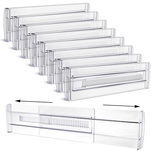 Yafe Drawer Dividers - 8 Pack Clear Organisers, 3.2 High, Expandable 11.3-20, Adjustable Plastic Drawers Separators for Clothes, Baby, Utensils, Cutlery, Kitchen