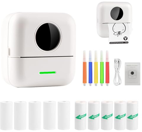 PRINHSJI Mini-Drucker, Thermo-Aufkleberdrucker mit 11 Rollen Thermopapier und Aufkleber für iOS und Android, tragbarer Bluetooth-Taschendrucker für Lernnotizen, Bilder, Heimwerken, Etiketten