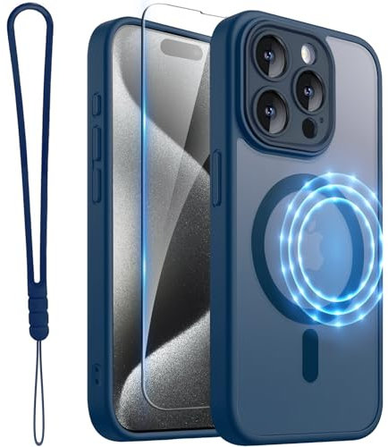 ROYBENS for iPhone 15 Pro Matte Clear Case Compatible with Magsafe, Full Camera Lens Protection, Screen Protector, Wrist Strap, Translucent Magnetic Slim Hard Protective Phone Cover, Navy Blue
