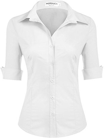 HOTOUCH Ladies White Blouses 3/4 Sleeve Top Fitted Cotton Shirt Women Blouse Office Button Down V Neck Shirts Slim Fit Tops White S