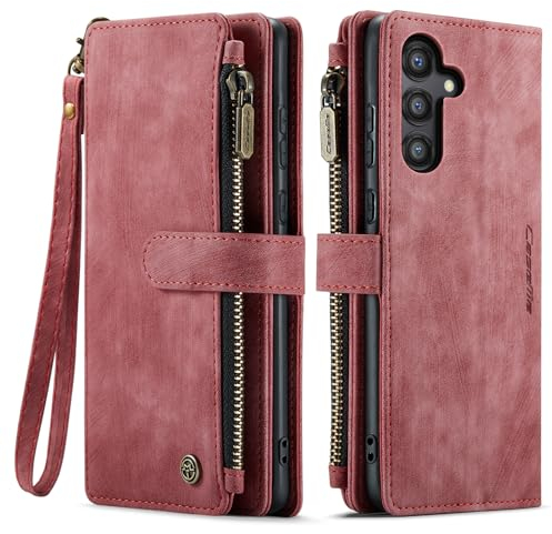 UEEBAI Étui Portefeuille pour Samsung Galaxy A55 5G, Fait à la Main en Cuir PU avec Emplacements pour Cartes Fermeture Magnétique avec Hand Strap Poche à Fermeture éclair et Béquille - Rouge