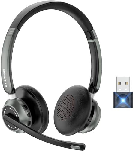 KONNAO Cuffie senza fili microfono di cancellazione del rumore AI, V5.3 cuffie senza fili con USB Dongle & Mic Mute per computer/laptop/PC/iPhone/Android/Cellulari/Zoom/Ms Teams/Skype