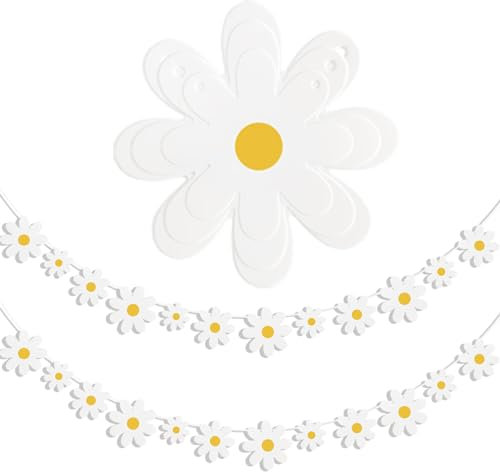2 Stück Gänseblümchen Dekoration Blumen Banner, Weiß Gänseblümchen Geburtstag Dekoration Girlande Banner für Frühling Sommerparty Mädchen Geburtstag Party Dekorationen (Weiß - 2 Stück)
