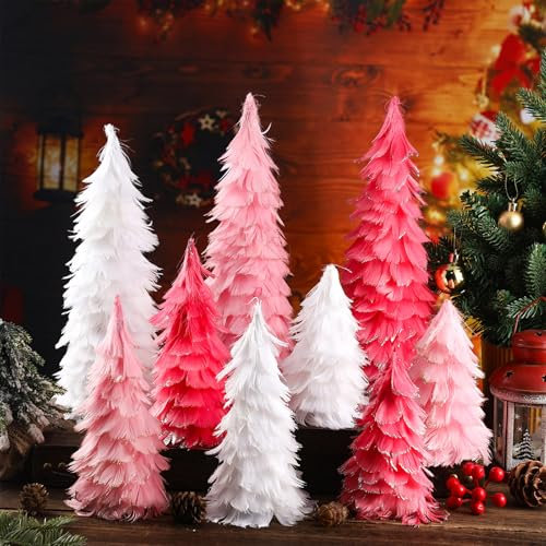 Hollowfly 9 Pcs Christmas Decorations Mini Christmas Trees Artificial Trees Xmas Sisal Bottle Brush Trees with Wood Base Fake Faux Indoor Trees for Party Xmas Table Decor Ornament Home Kitchen Craft