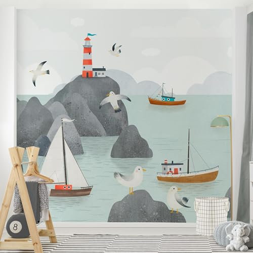 Bilderwelten Fototapete Kinderzimmer 192 x 192 cm Kinder Kindertapete Meer Boote Leuchtturm Selbstklebende Tapete Wandtapete Wanddekoration