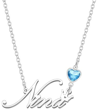 Kraven Damen Kette mit Namen Blauer Geburtsstein-Anhänger Halskette Namenskette Geschenk Personalisiert Damenkette Buchstaben Kette Geschenkidee für Frauen Teenager Mädchen Tochter (Nina)