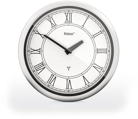 Mebus 19811 Horloge Murale Radio-pilotée silencieuse Chiffres Romains Cadre argenté Cadran Blanc 26 cm