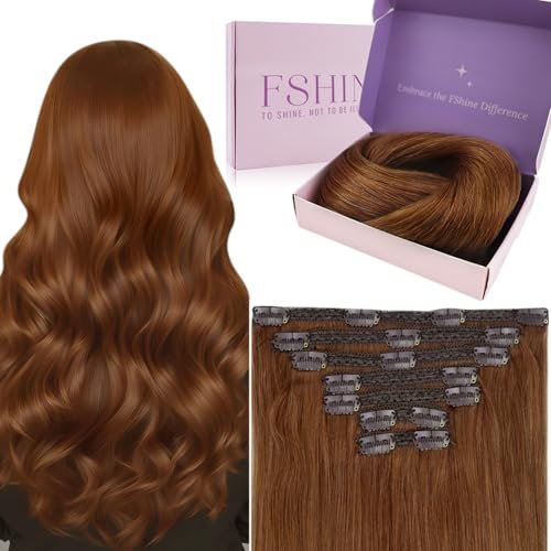 Fshine Clip in Extensions Echthaar Kupfer 60cm 7 Stücke 120g Remy Haar Extensions Echthaar Seidiges Haar Clip in Haarverlängerun Farbe 330